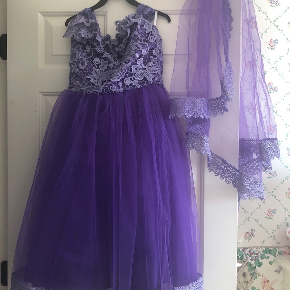Formal purple tulle and lace dress